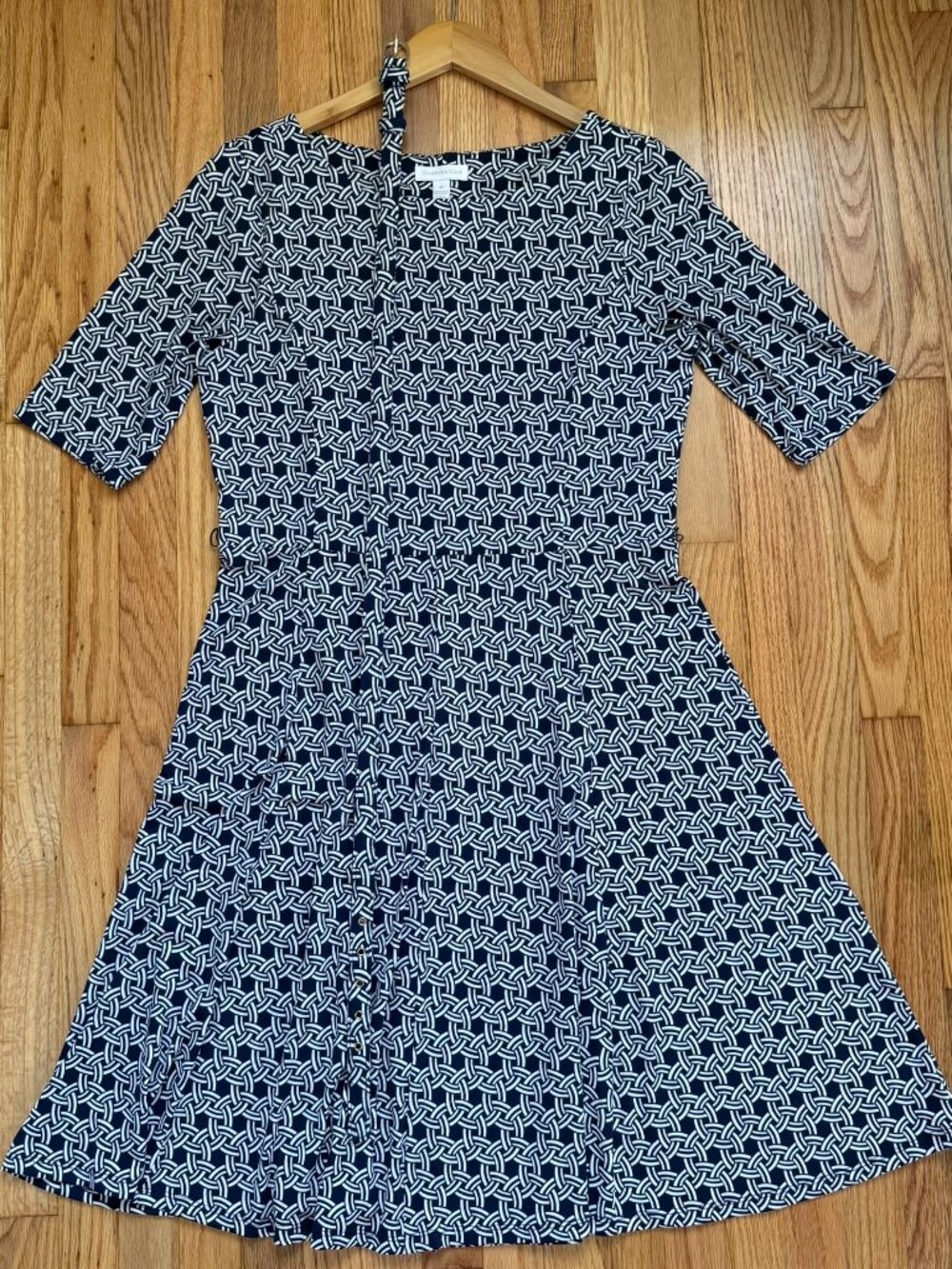 Charter Club Fit and Flare Jersey Dress with Belt | Navy and White | Size M